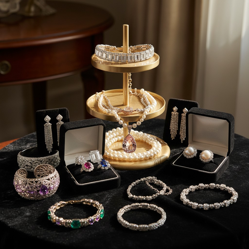This image features a collection of various bracelets and rings adorned with colorful gemstones, showcased on a black tabl...
